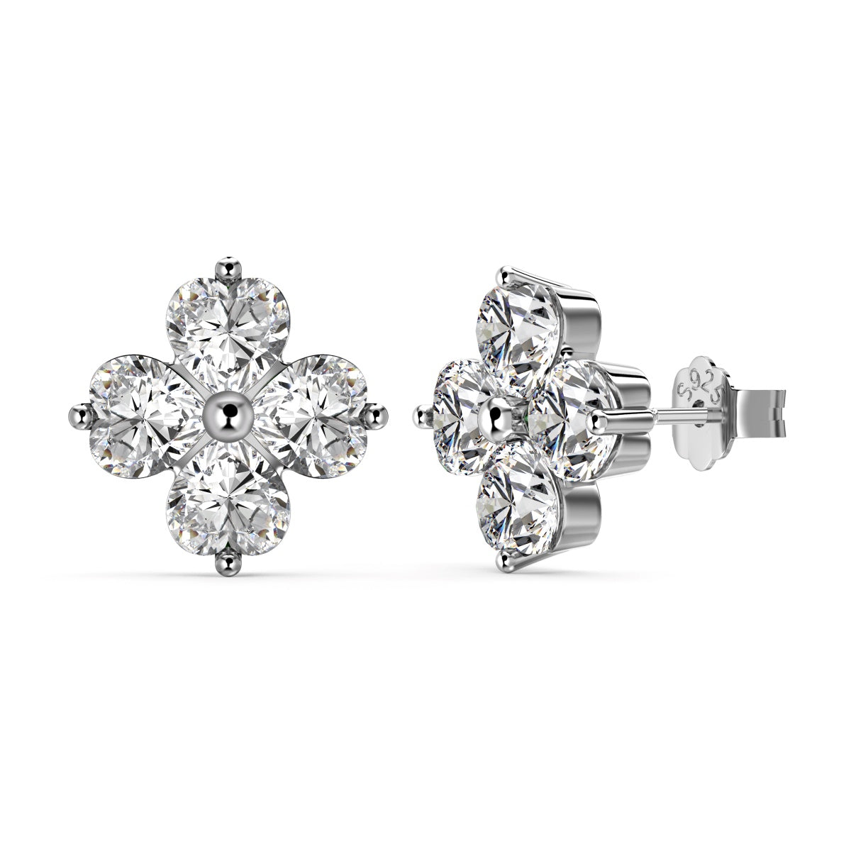 Sterling Silver Clover Heart Stone Stud Earrings