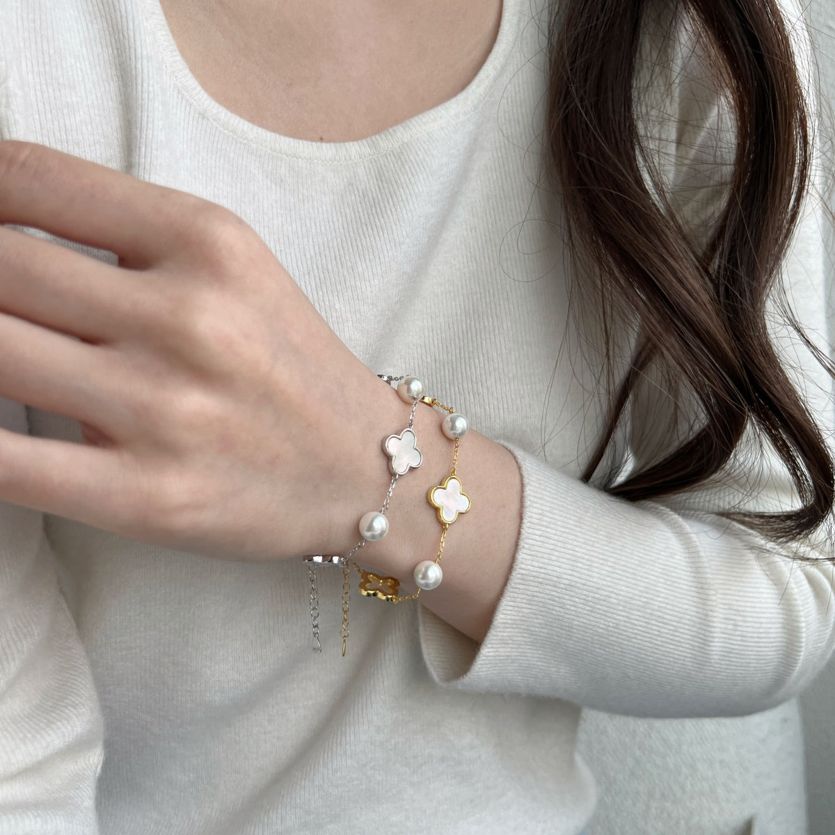 Gold Clover Bracelet | Gold Clover & Pearl Bracelet | NobleJade