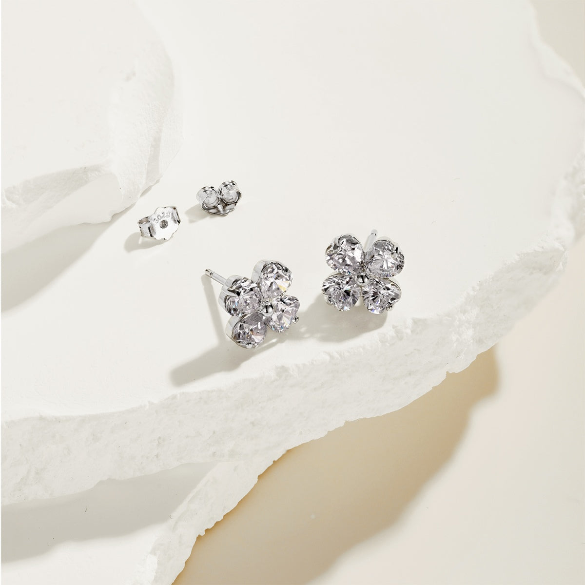 Sterling Silver Clover Heart Stone Stud Earrings