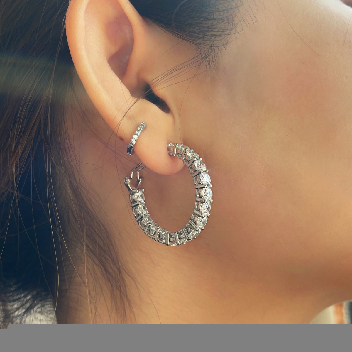 Sterling Silver Large Round Stone Hoop Earrings